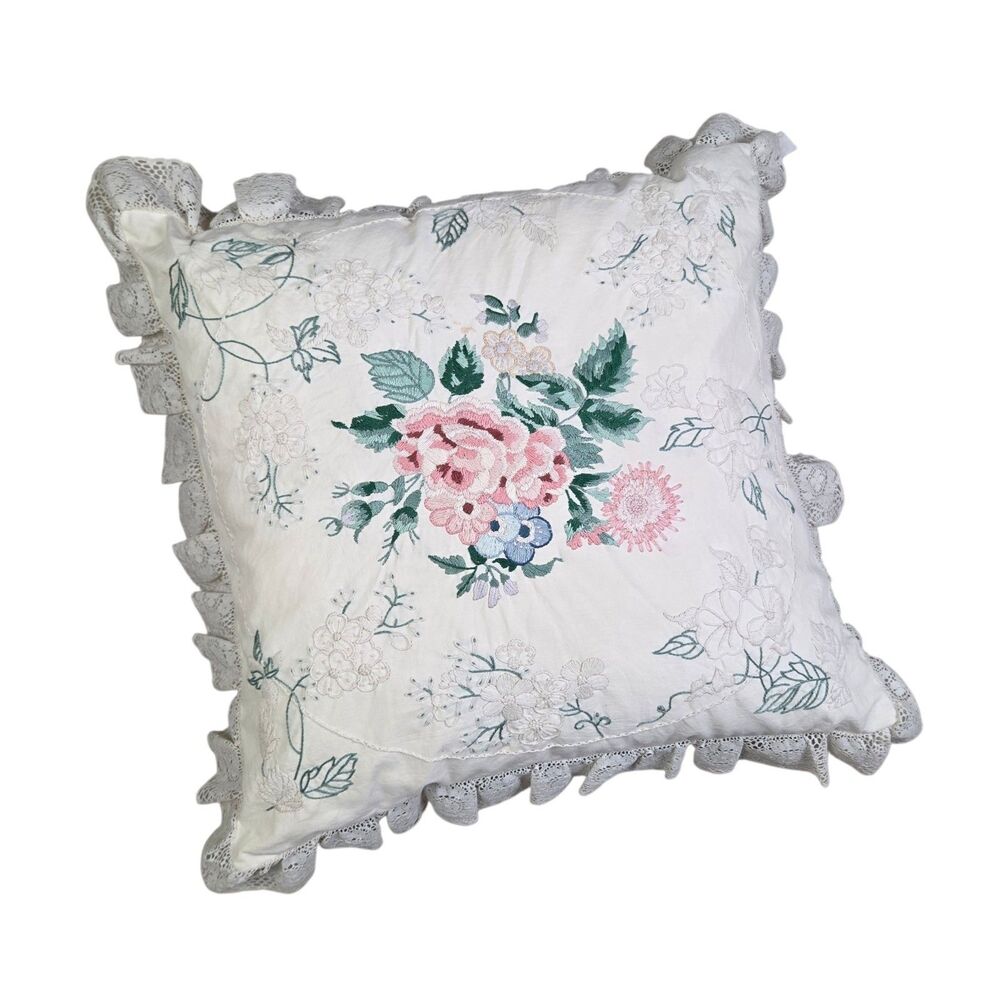 Vintage Hand Embroidered Floral Lace Throw Pillow Shabby Chic Cottagecore 14x14